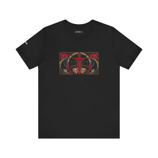 Bilancia - T-shirt Zodiaco gotico. Grafica rossa sul davanti. Zodiaco nell'ombra.