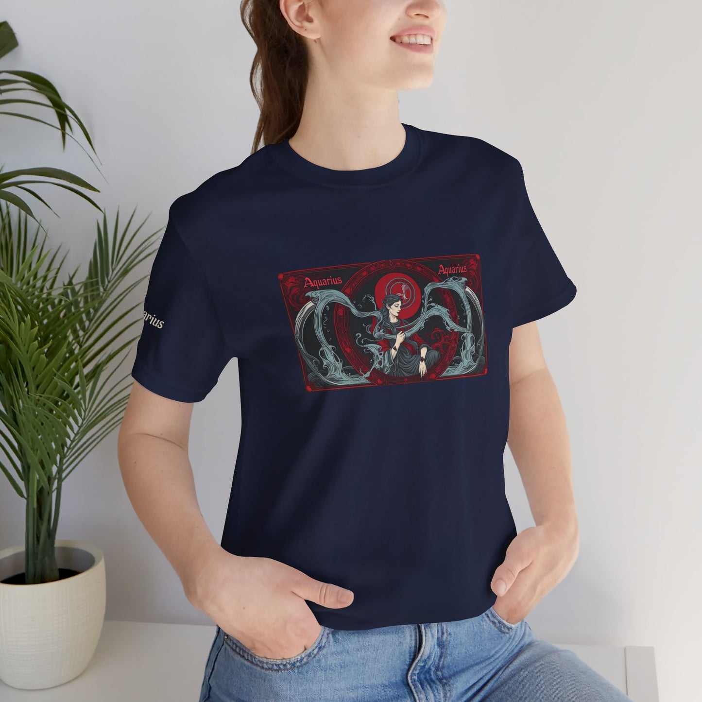 Acquario - T-shirt Zodiaco gotico. Grafica rossa sul davanti. Zodiaco nell'ombra.