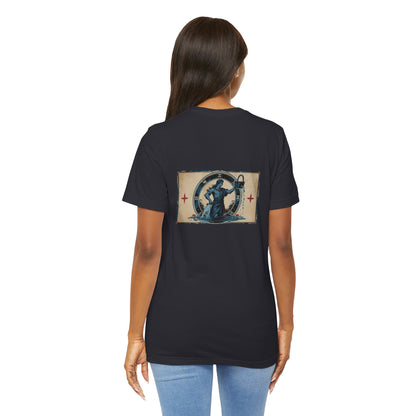 Acquario - T-shirt con segno zodiacale gotico. Grafica blu sul retro. Segno zodiacale nell'ombra.