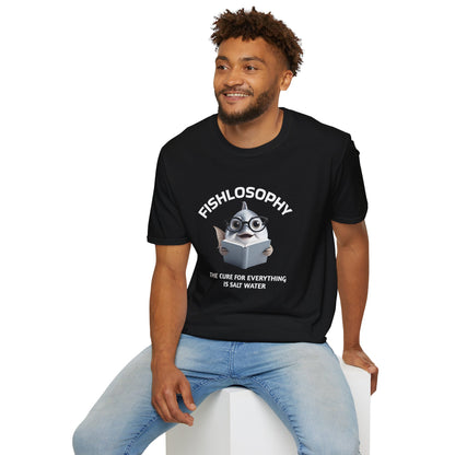 Maglietta unisex Fishlosophy - Design con vibrazioni oceaniche e domande sulla vita - La cura per tutte le malattie è l'acqua salata.