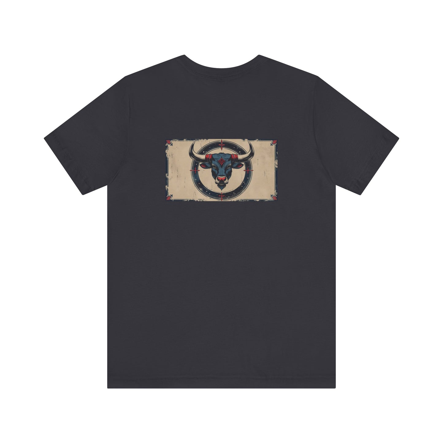 Toro - T-shirt con segno zodiacale gotico. Grafica blu sul retro. Segno zodiacale nell'ombra.