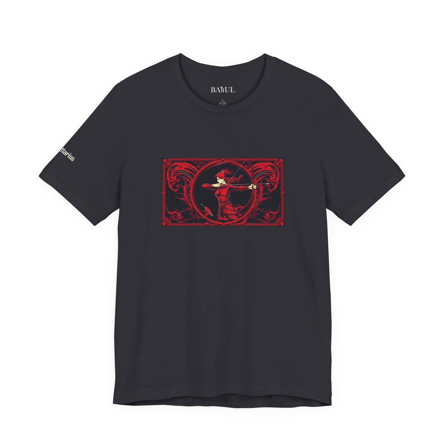 Sagittario - T-shirt Zodiaco gotico. Grafica rossa sul davanti. Zodiaco nell'ombra.