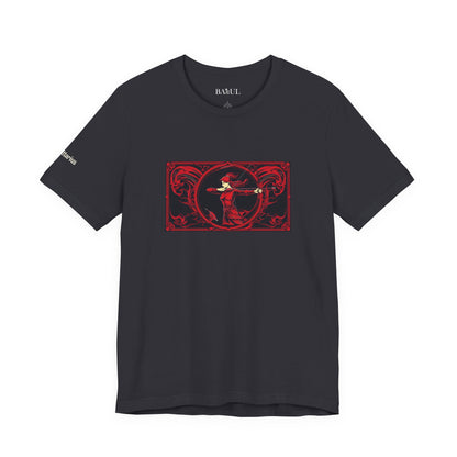Sagittario - T-shirt Zodiaco gotico. Grafica rossa sul davanti. Zodiaco nell'ombra.