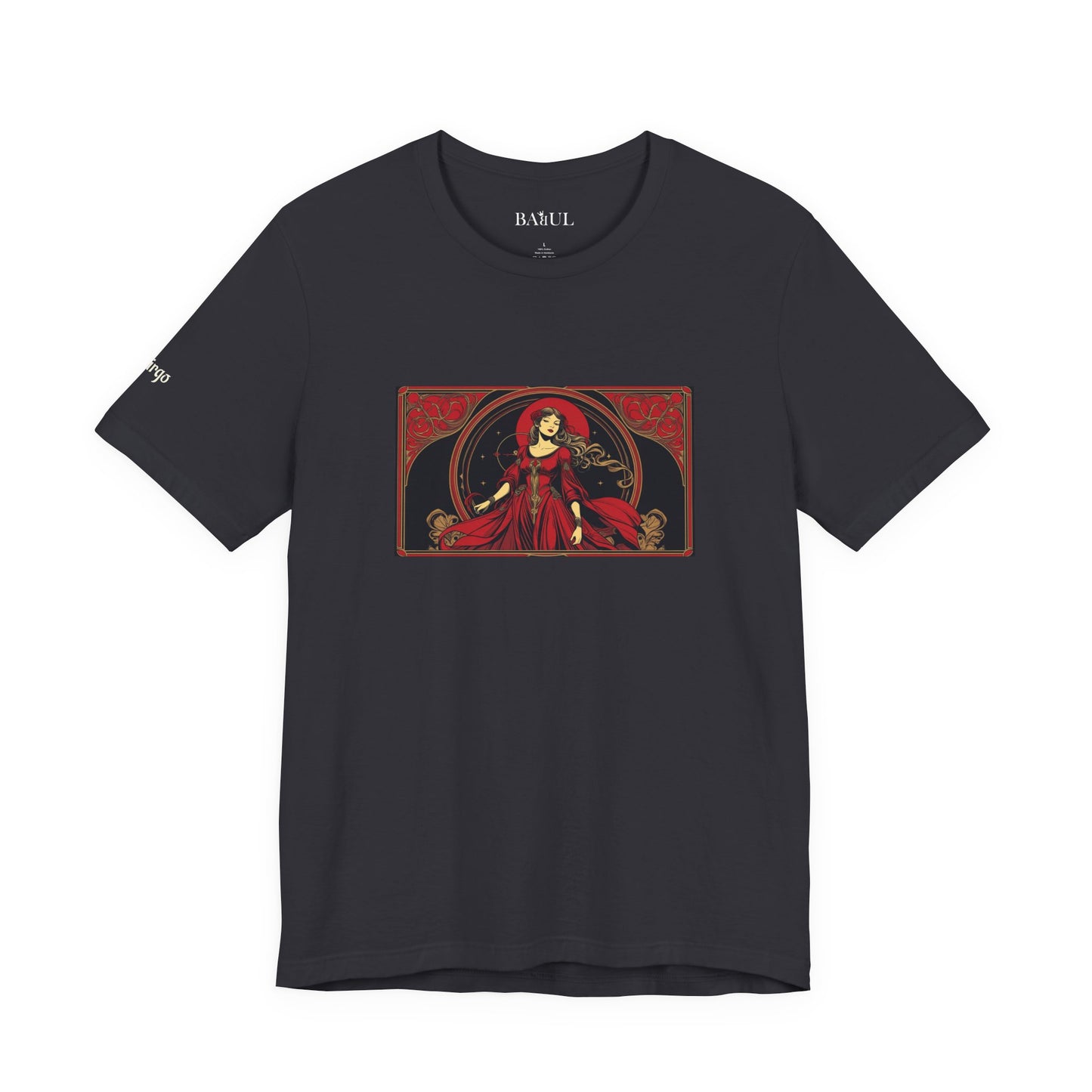 Vergine - T-shirt Zodiaco gotico. Grafica rossa sul davanti. Zodiaco nell'ombra.