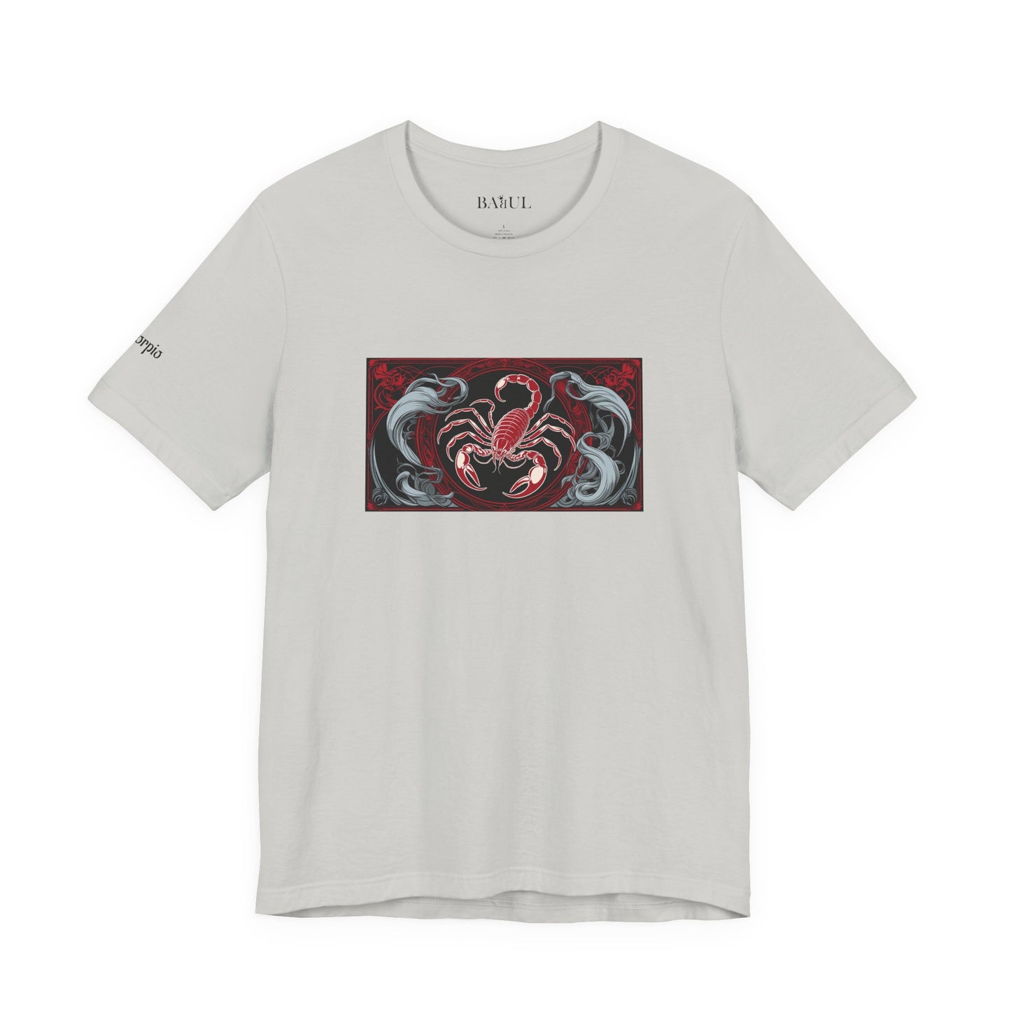 Scorpione - T-shirt Zodiaco gotico. Grafica rossa sul davanti. Zodiaco nell'ombra.