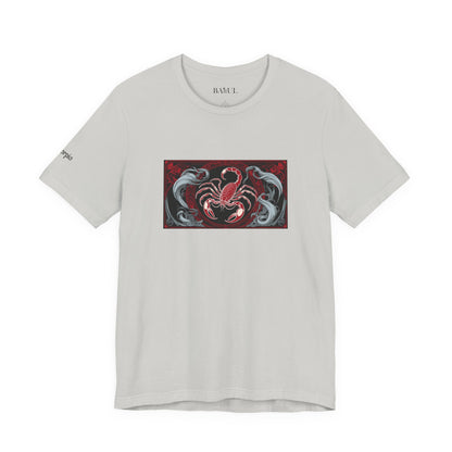 Scorpione - T-shirt Zodiaco gotico. Grafica rossa sul davanti. Zodiaco nell'ombra.