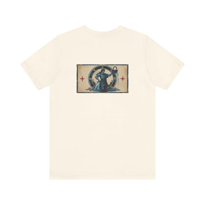 Acquario - T-shirt con segno zodiacale gotico. Grafica blu sul retro. Segno zodiacale nell'ombra.