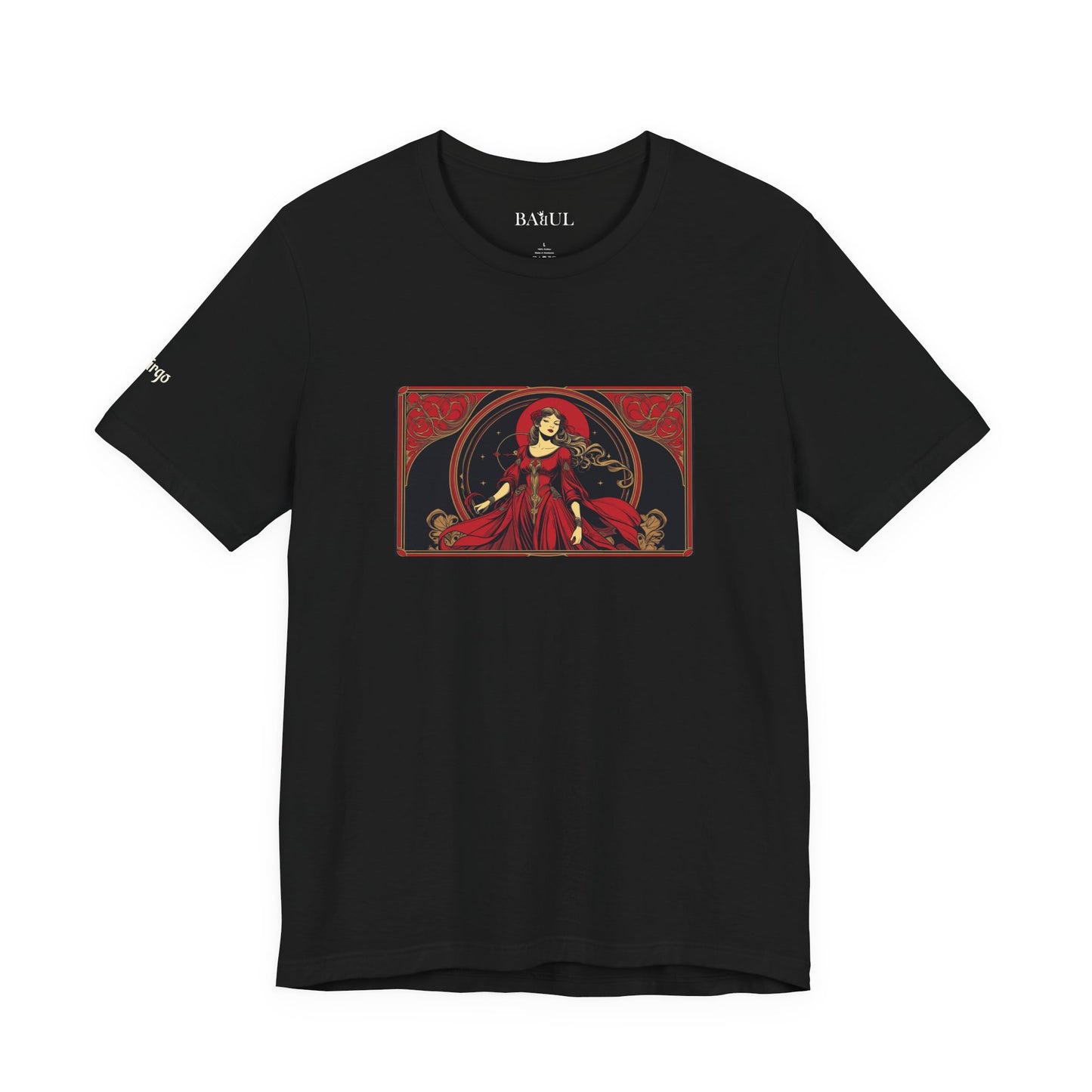 Vergine - T-shirt Zodiaco gotico. Grafica rossa sul davanti. Zodiaco nell'ombra.