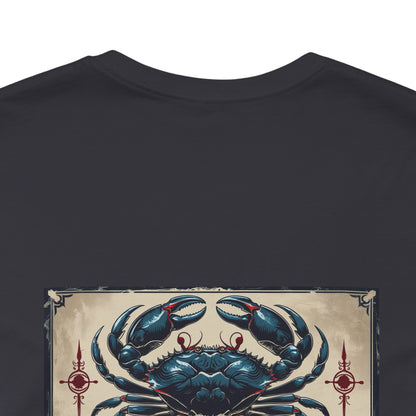 Cancro - T-shirt con segno zodiacale gotico. Grafica blu sul retro. Segno zodiacale nell'ombra.
