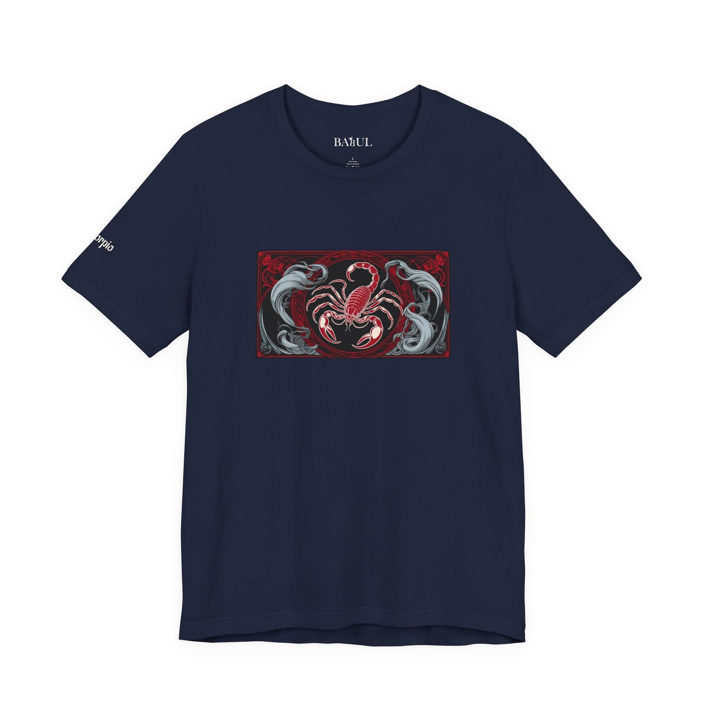 Scorpione - T-shirt Zodiaco gotico. Grafica rossa sul davanti. Zodiaco nell'ombra.