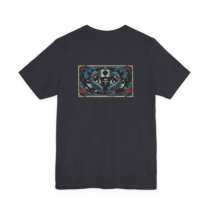 Pesci - T-shirt con lo Zodiaco Gotico. Grafica blu sul retro. Zodiaco nell'ombra.