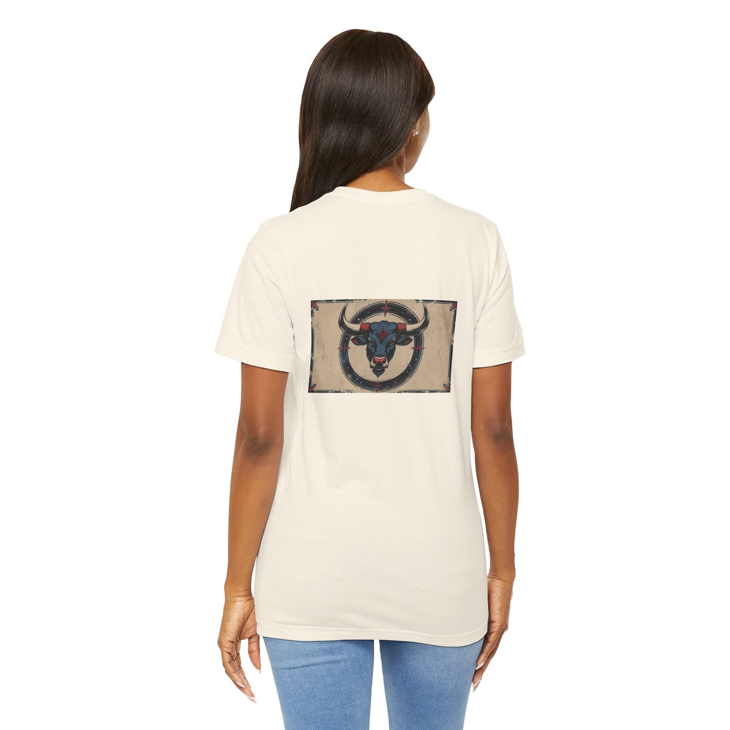Toro - T-shirt con segno zodiacale gotico. Grafica blu sul retro. Segno zodiacale nell'ombra.