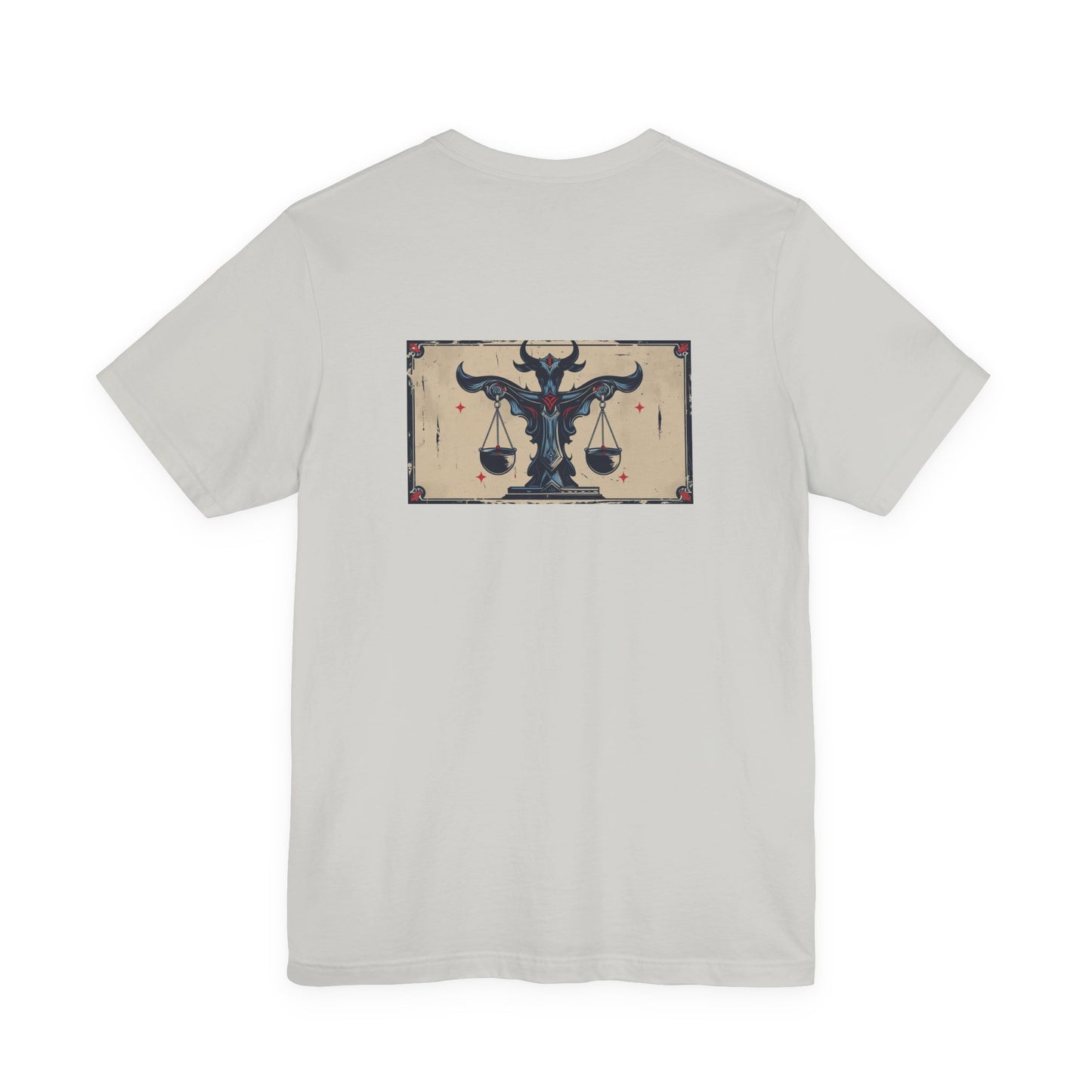 Bilancia - T-shirt con segno zodiacale gotico. Grafica blu sul retro. Segno zodiacale nell'ombra.