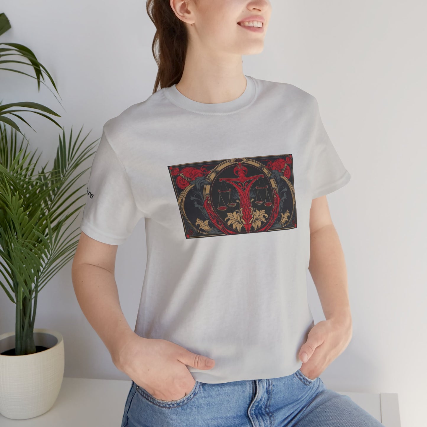 Bilancia - T-shirt Zodiaco gotico. Grafica rossa sul davanti. Zodiaco nell'ombra.