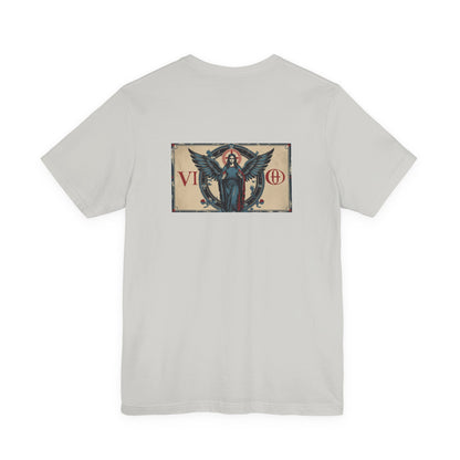 Vergine - T-shirt con segno zodiacale gotico. Grafica blu sul retro. Segno zodiacale nell'ombra.