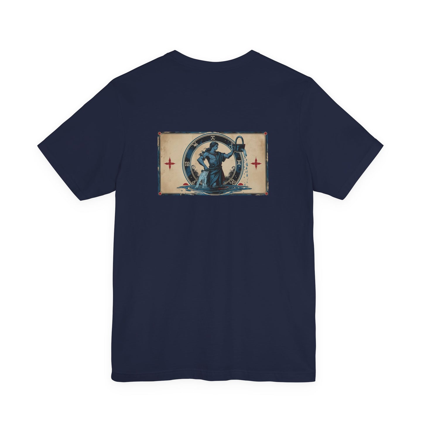 Acquario - T-shirt con segno zodiacale gotico. Grafica blu sul retro. Segno zodiacale nell'ombra.