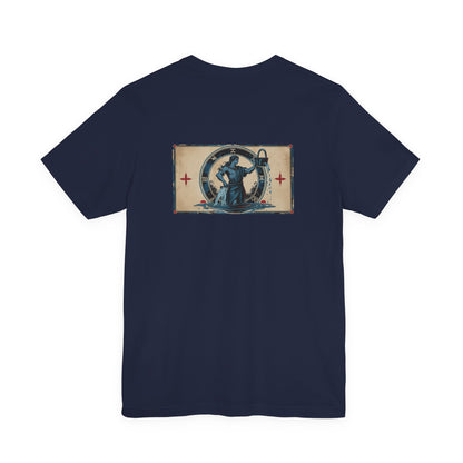 Acquario - T-shirt con segno zodiacale gotico. Grafica blu sul retro. Segno zodiacale nell'ombra.