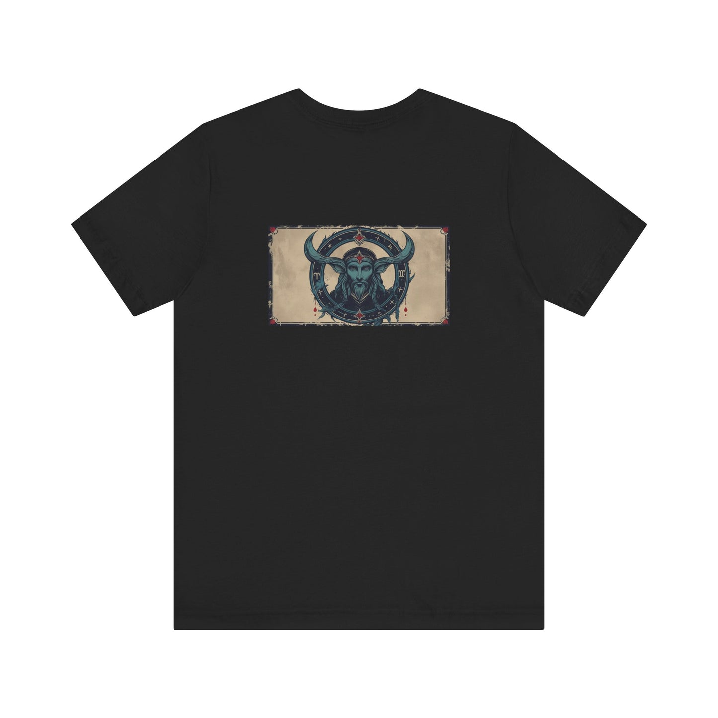 Capricorno - T-shirt con segno zodiacale gotico. Grafica blu sul retro. Segno zodiacale nell'ombra.