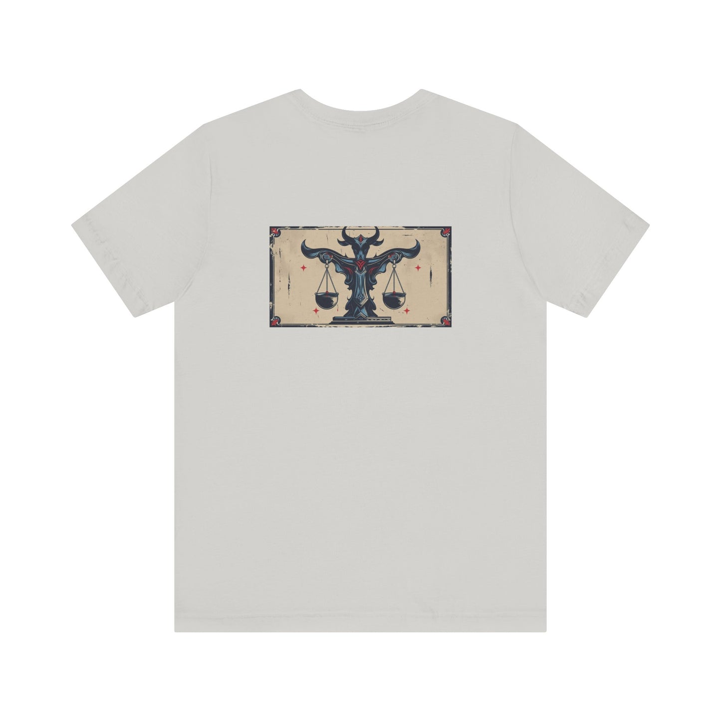 Bilancia - T-shirt con segno zodiacale gotico. Grafica blu sul retro. Segno zodiacale nell'ombra.