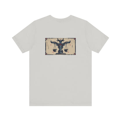 Bilancia - T-shirt con segno zodiacale gotico. Grafica blu sul retro. Segno zodiacale nell'ombra.