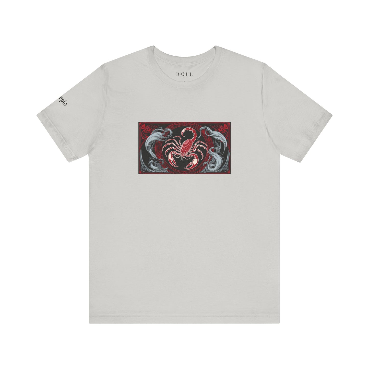 Scorpione - T-shirt Zodiaco gotico. Grafica rossa sul davanti. Zodiaco nell'ombra.