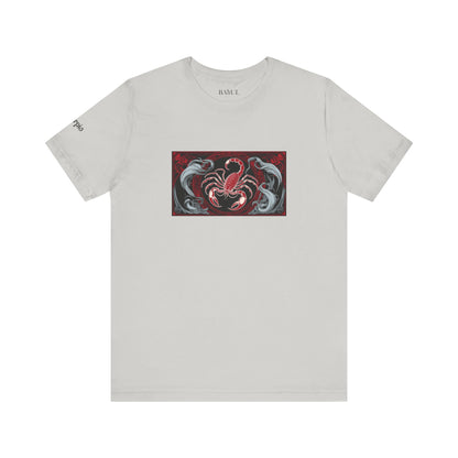 Scorpione - T-shirt Zodiaco gotico. Grafica rossa sul davanti. Zodiaco nell'ombra.