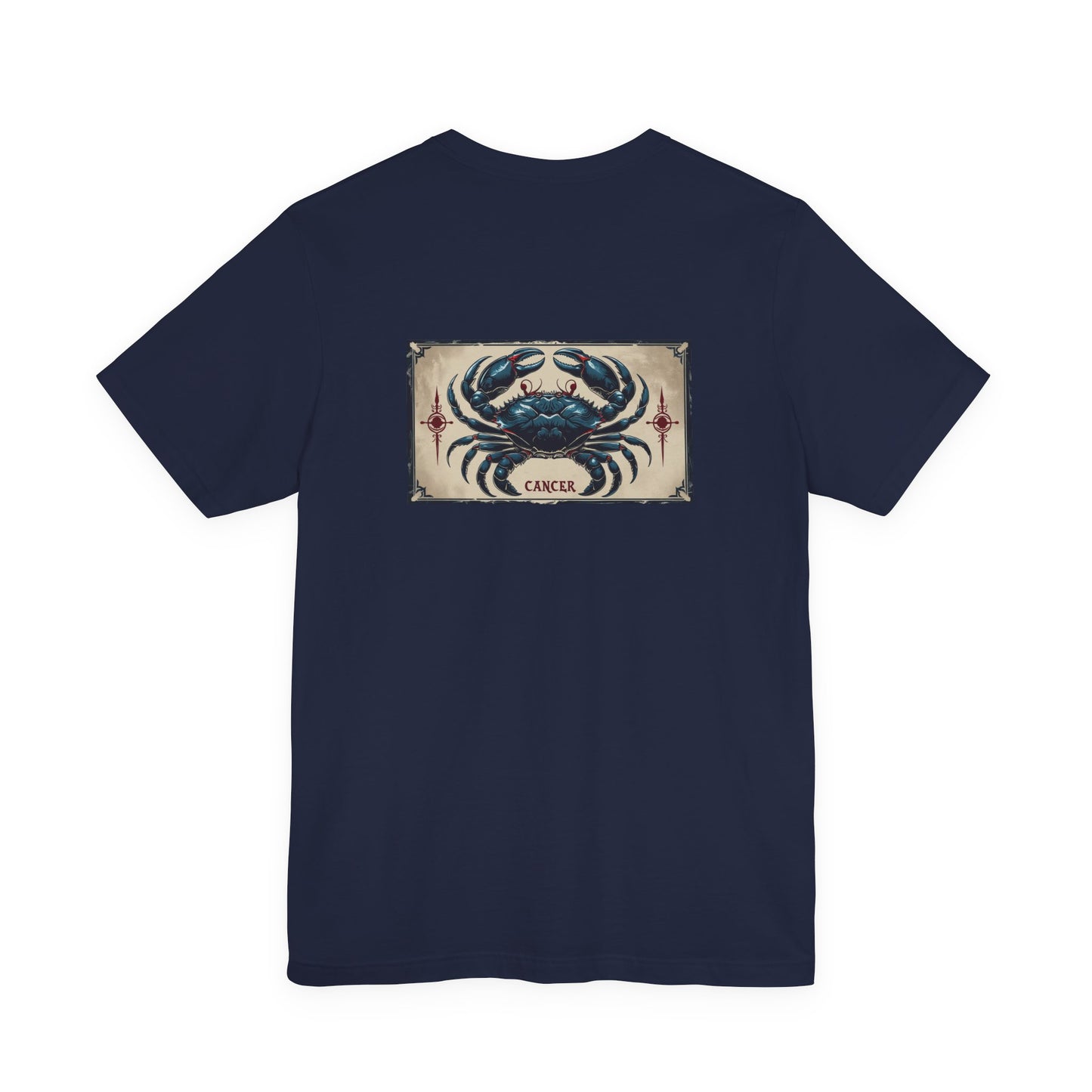 Cancro - T-shirt con segno zodiacale gotico. Grafica blu sul retro. Segno zodiacale nell'ombra.