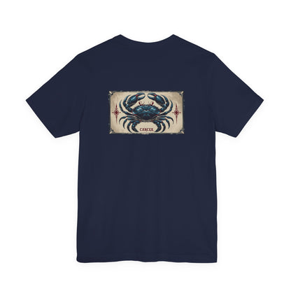 Cancro - T-shirt con segno zodiacale gotico. Grafica blu sul retro. Segno zodiacale nell'ombra.