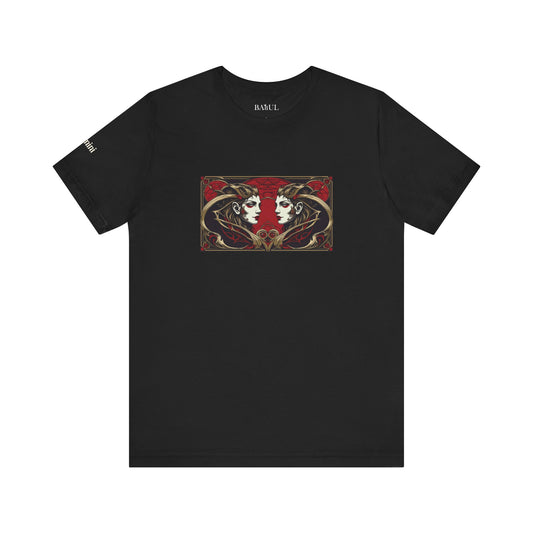 Gemelli - T-shirt Zodiaco gotico. Grafica rossa sul davanti. Zodiaco nell'ombra.