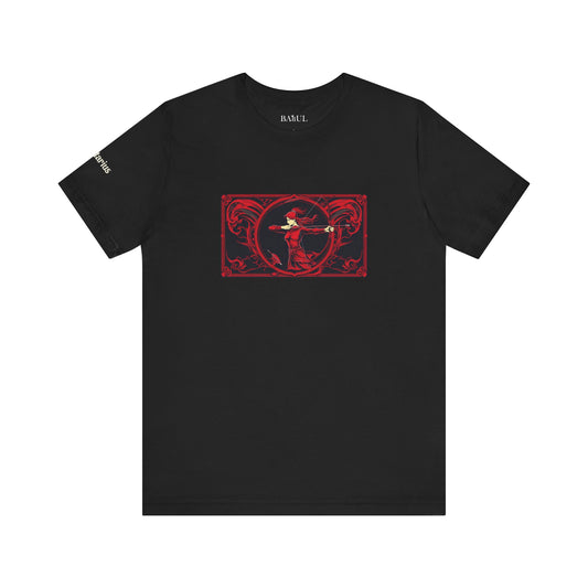 Sagittario - T-shirt Zodiaco gotico. Grafica rossa sul davanti. Zodiaco nell'ombra.