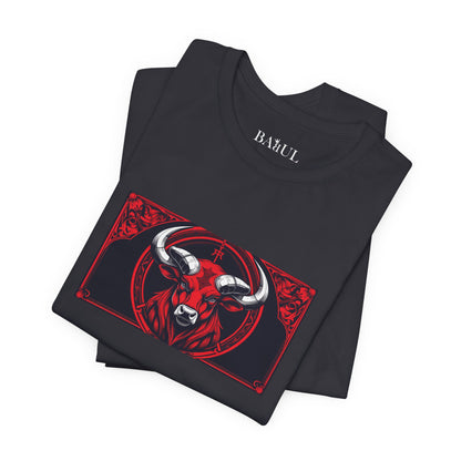 Toro - T-shirt Zodiaco gotico. Grafica rossa sul davanti. Zodiaco nell'ombra.