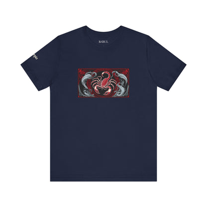 Scorpione - T-shirt Zodiaco gotico. Grafica rossa sul davanti. Zodiaco nell'ombra.