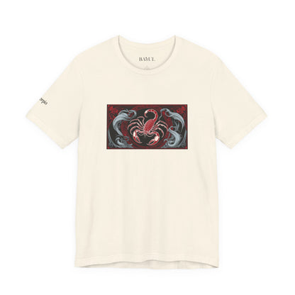 Scorpione - T-shirt Zodiaco gotico. Grafica rossa sul davanti. Zodiaco nell'ombra.