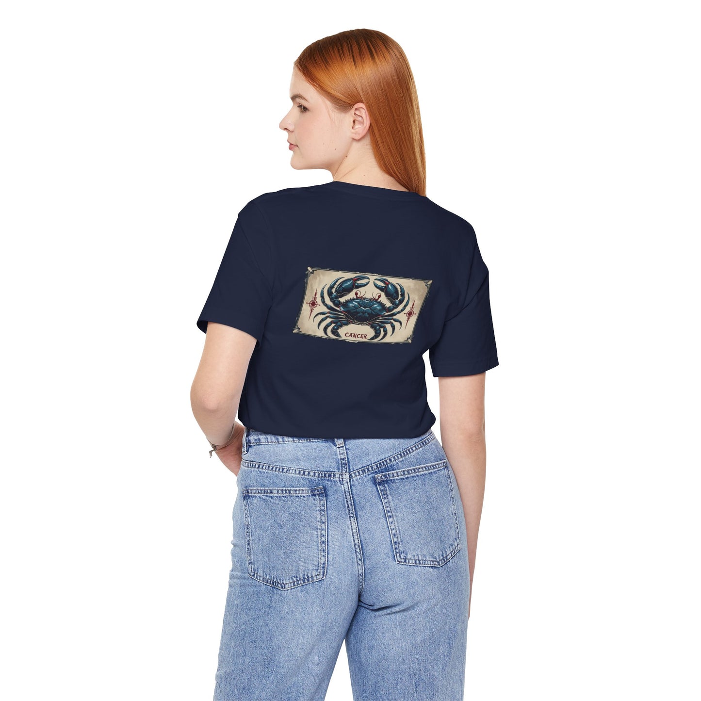 Cancro - T-shirt con segno zodiacale gotico. Grafica blu sul retro. Segno zodiacale nell'ombra.