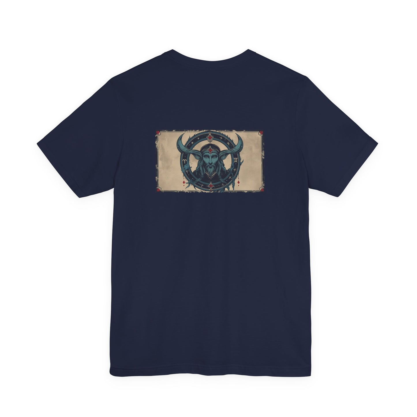 Capricorno - T-shirt con segno zodiacale gotico. Grafica blu sul retro. Segno zodiacale nell'ombra.