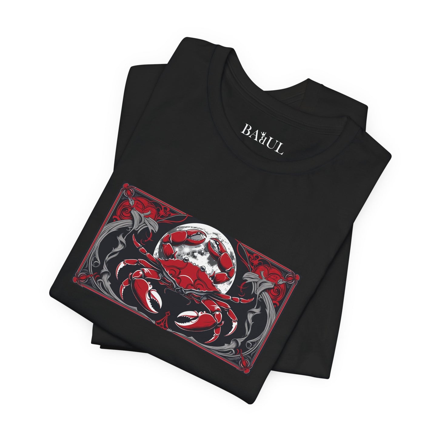 Cancro - T-shirt Zodiaco gotico. Grafica rossa sul davanti. Zodiaco nell'ombra.