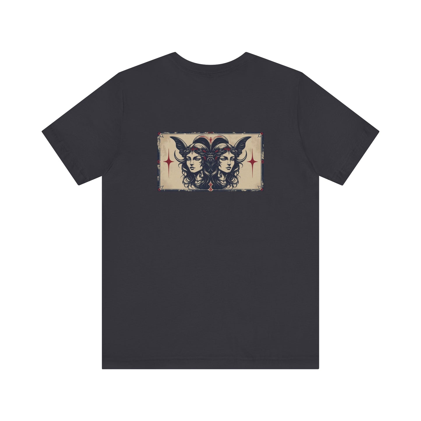Gemelli - T-shirt con segno zodiacale gotico. Grafica blu sul retro. Segno zodiacale nell'ombra.