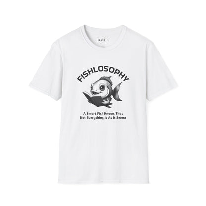 Maglietta unisex Fishlosophy - Design con vibrazioni oceaniche e domande sulla vita - Un pesce intelligente sa che non tutto è come sembra.