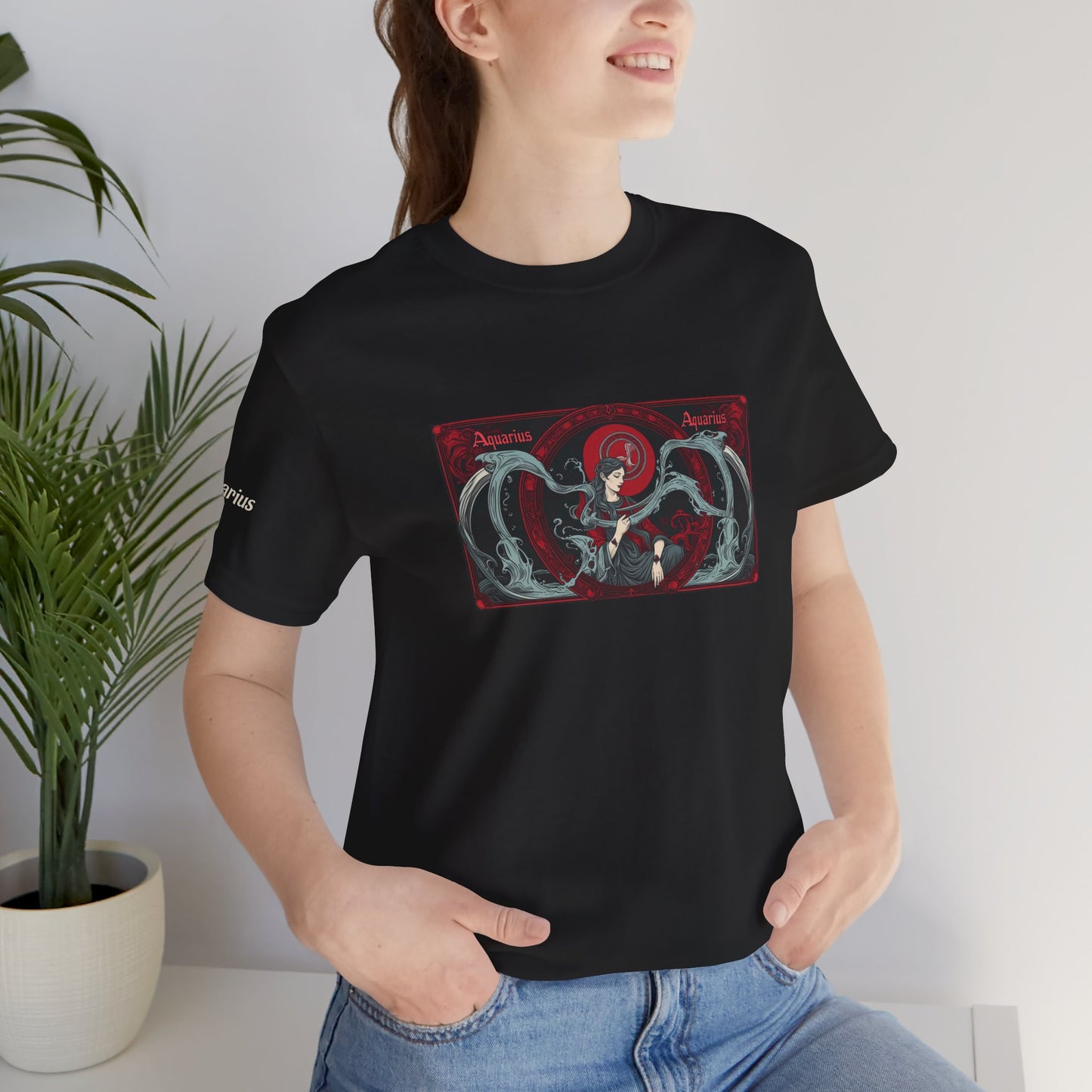 Acquario - T-shirt Zodiaco gotico. Grafica rossa sul davanti. Zodiaco nell'ombra.