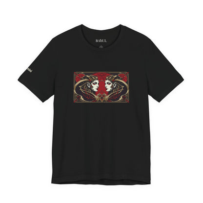 Gemelli - T-shirt Zodiaco gotico. Grafica rossa sul davanti. Zodiaco nell'ombra.