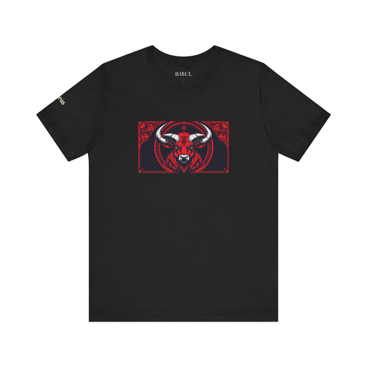 Toro - T-shirt Zodiaco gotico. Grafica rossa sul davanti. Zodiaco nell'ombra.