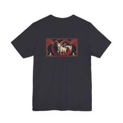 Capricorno - Zodiaco gotico, maglietta con grafica rossa sul retro. Zodiaco nell'ombra