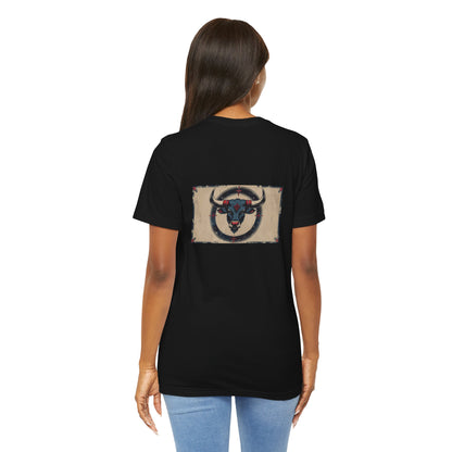 Toro - T-shirt con segno zodiacale gotico. Grafica blu sul retro. Segno zodiacale nell'ombra.