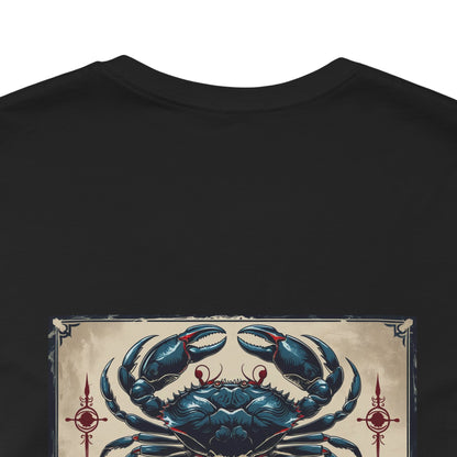 Cancro - T-shirt con segno zodiacale gotico. Grafica blu sul retro. Segno zodiacale nell'ombra.