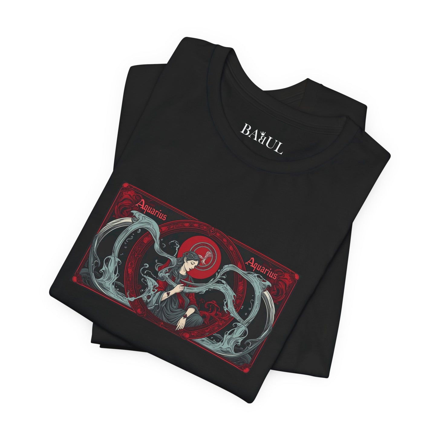 Acquario - T-shirt Zodiaco gotico. Grafica rossa sul davanti. Zodiaco nell'ombra.