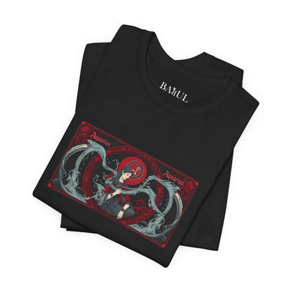 Acquario - T-shirt Zodiaco gotico. Grafica rossa sul davanti. Zodiaco nell'ombra.