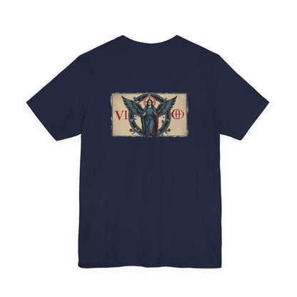 Vergine - T-shirt con segno zodiacale gotico. Grafica blu sul retro. Segno zodiacale nell'ombra.