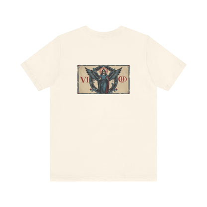 Vergine - T-shirt con segno zodiacale gotico. Grafica blu sul retro. Segno zodiacale nell'ombra.