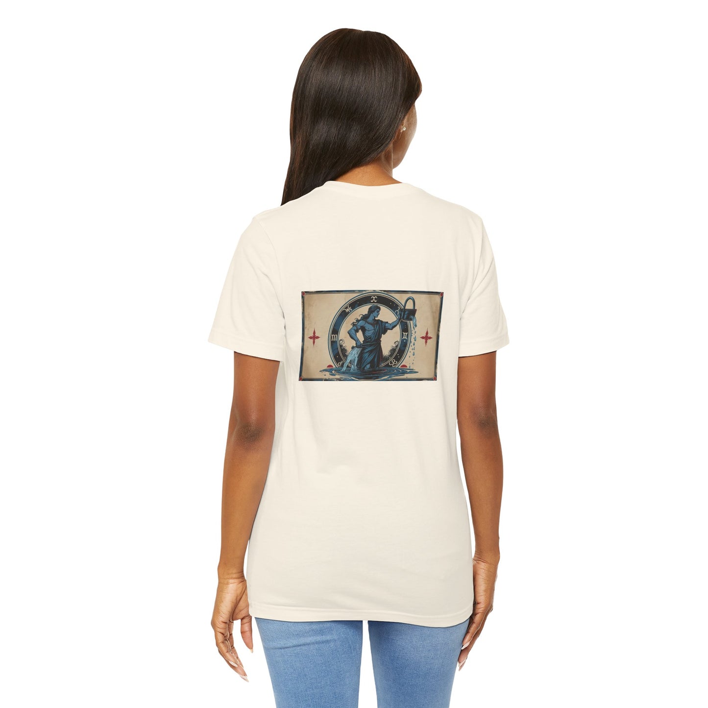 Acquario - T-shirt con segno zodiacale gotico. Grafica blu sul retro. Segno zodiacale nell'ombra.