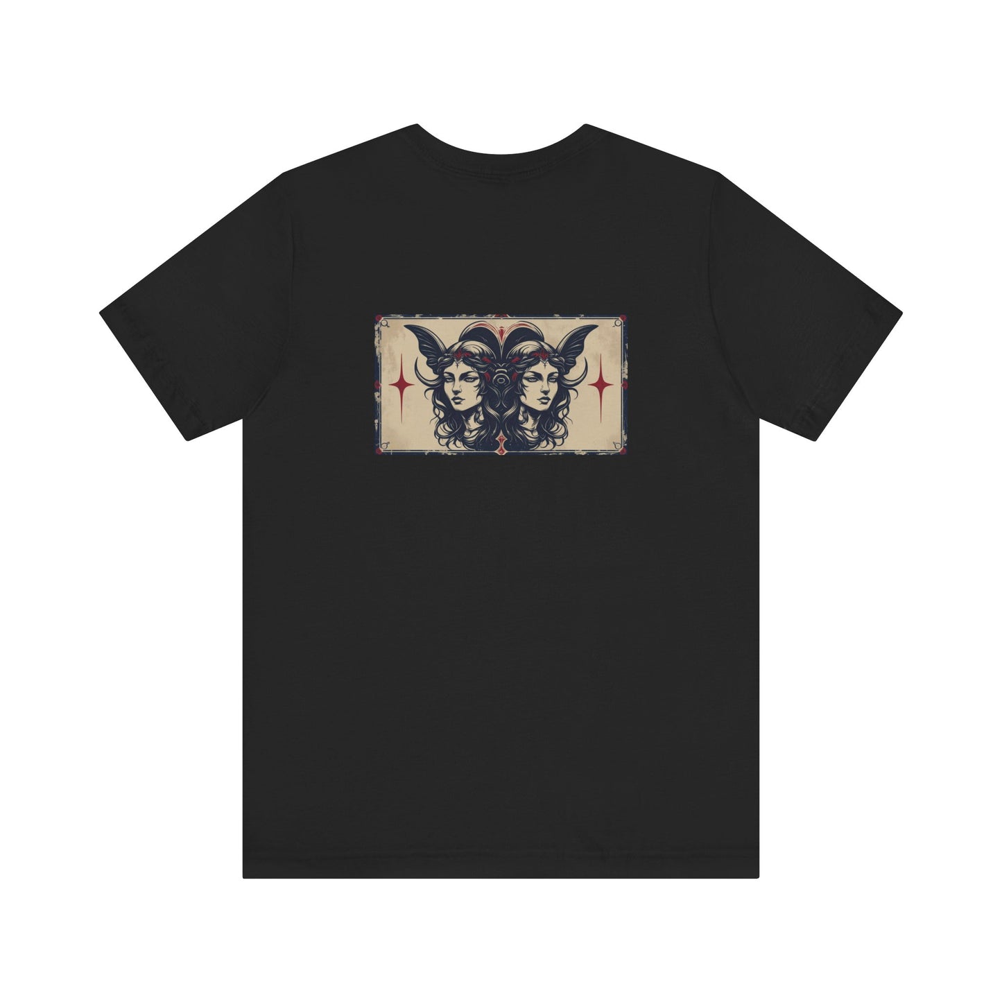 Gemelli - T-shirt con segno zodiacale gotico. Grafica blu sul retro. Segno zodiacale nell'ombra.